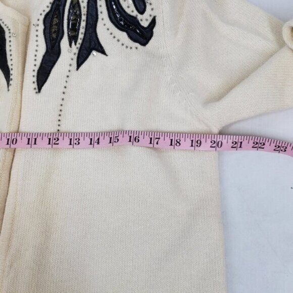 Vintage Lambswool Angora Open Cardigan Sweater Faux Leather Details with Bead… - Picture 11 of 15